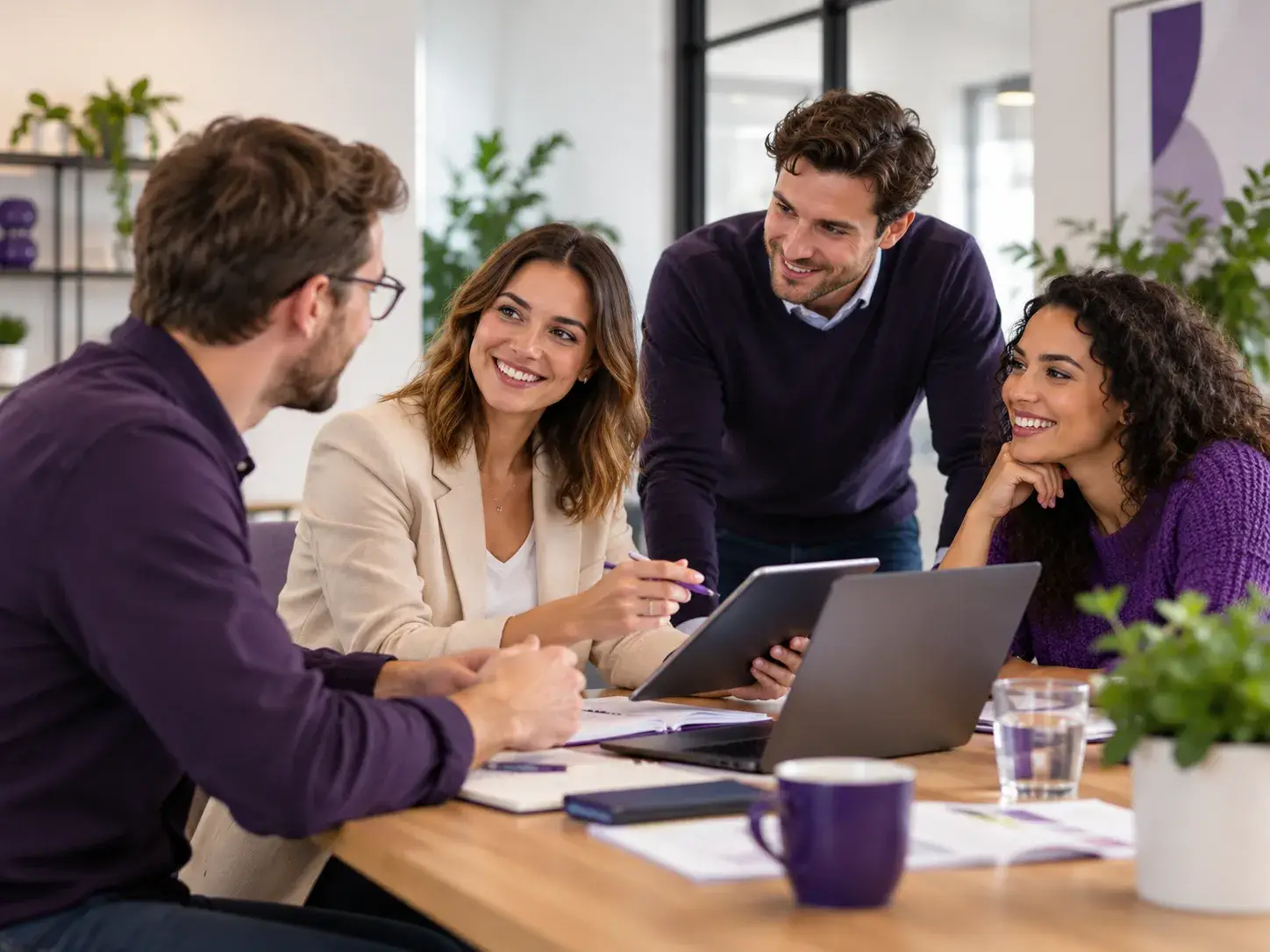 Vier Personen besprechen gemeinsam Fragen und Informationen an einem Tisch mit Laptop und Tablet in einer freundlichen Arbeitsatmosphäre.