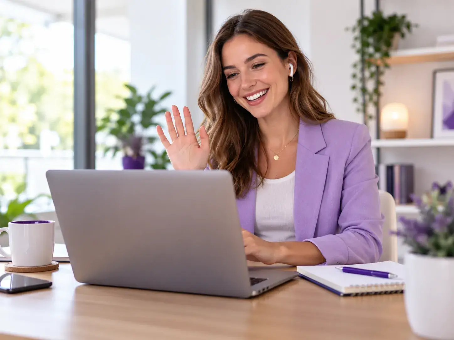 Lächelnde Frau begrüßt ihren Gesprächspartner während eines Videoanrufs am Laptop in einem hellen Arbeitszimmer mit violetten Akzenten.