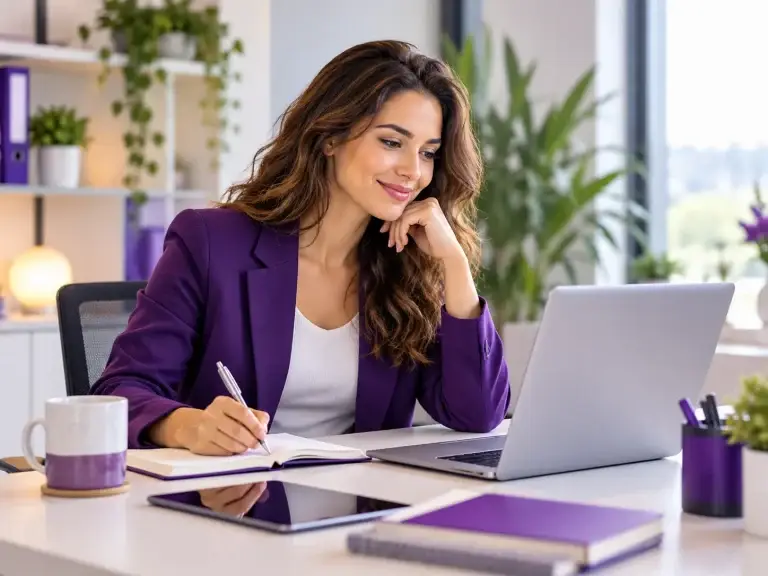 Frau recherchiert Informationen am Laptop und macht sich Notizen in einem modernen Büro mit violetten Akzenten.