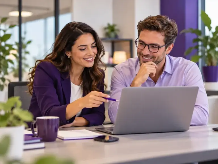 Zwei Personen besprechen gemeinsam Fragen und hilfreiche Lösungen am Laptop in einem hellen Büro mit violetten Akzenten.