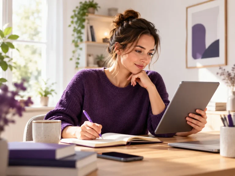 Frau liest interessante Inhalte auf einem Tablet und macht sich Notizen in einem modernen Arbeitsbereich mit violetten Akzenten.