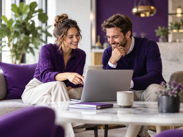 Zwei Personen entdecken gemeinsam interessante Informationen auf einem Laptop und tauschen sich über neue Ideen und Themen aus.