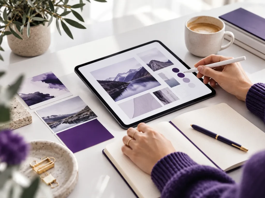 Kreativer Arbeitsplatz mit Tablet, Notizbuch und inspirierenden Bildern in violetten Farbtönen zur Entdeckung neuer Ideen.
