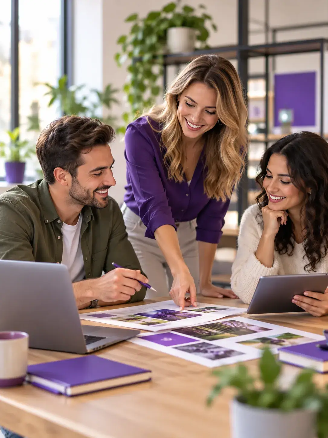 Drei Marketingexperten planen gemeinsam Werbeinhalte und kreative Kooperationen an einem modernen Arbeitsplatz mit violetten Akzenten.